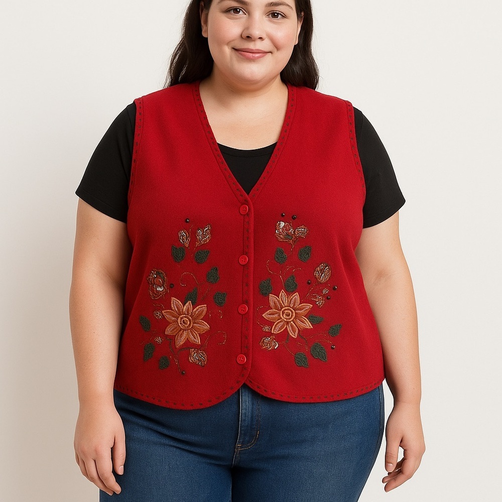 Carolyn Taylor Vintage Christmas Vest Fleece Red XL Holiday Ugly Sweater Button